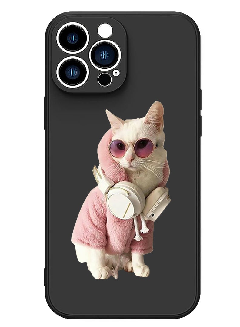 Theodor Protective Slim Fit Case Liquid Silicone Cover with Full Body Protection Anti-Scratch Shockproof Case For iPhone 15 Pro Max Black - White Cat - Image 1