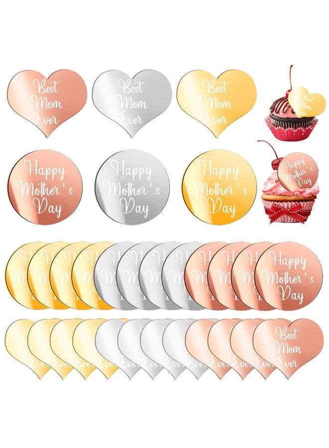 YBB 24 PCS Happy Mother's Day Acrylic Cupcake Toppers Cake Disc, Best Mom Ever Mirror Acrylic Cake Topper Charms for Mother's Day Party Decoration - Image 1