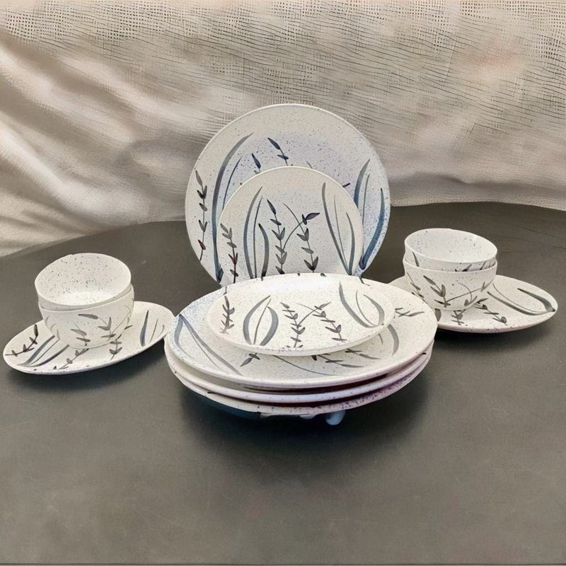 Caffeine Ceramic Handmade White Bamboo Combo Dinner Set (12 pcs.) - Image 1