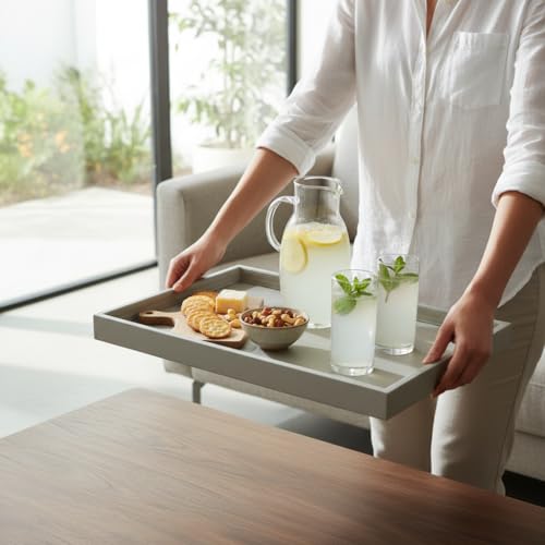 QAVOL 20 x 14 inches High-End Light Luxury Leather Rectangle Oversized Service Tray for Ottoman Tray, Coffee, Food, Family Dinner, Picnic, Party Essentials (Beige, 20 x 14 inch) - Image 2