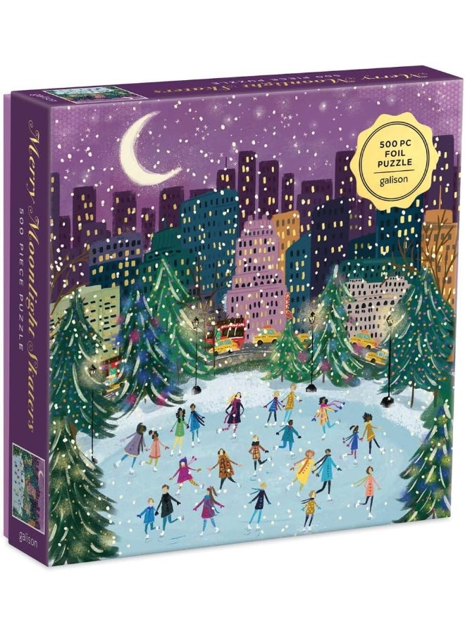 Galison Merry Moonlight Skaters 500 Piece Foil Puzzle from Galison - Featuring Beautiful Illustrations of a Festive Winter Scene with Gold Foil Accents, 20" x 20", Makes a Wonderful 