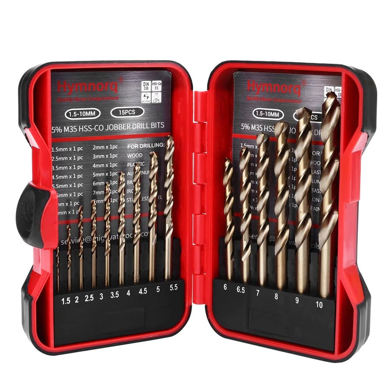 Hymnorq 15-Piece M35 Cobalt Drill Bit Set, Metric 1.5 to 10mm, 5% Cobalt HSS for Drilling Hard Metal Stainless Steel Cast Iron, Fully Ground Jobber Length Bits with 135Â° Split Point Tough Indexed Case