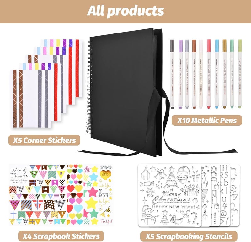 GOTIDEAL 12 x 12 Inch Scrapbook Album with 10 Metallic Markers,80 Pages Craft Paper Photo Album for Wedding and Anniversary, Family DIY Photo Album with Scrapbooking Stickers Corners(Black) - Image 2
