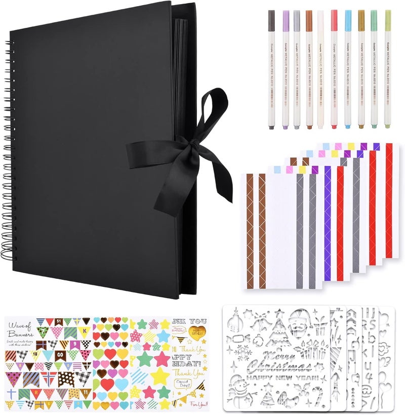 GOTIDEAL 12 x 12 Inch Scrapbook Album with 10 Metallic Markers,80 Pages Craft Paper Photo Album for Wedding and Anniversary, Family DIY Photo Album with Scrapbooking Stickers Corners(Black) - Image 1