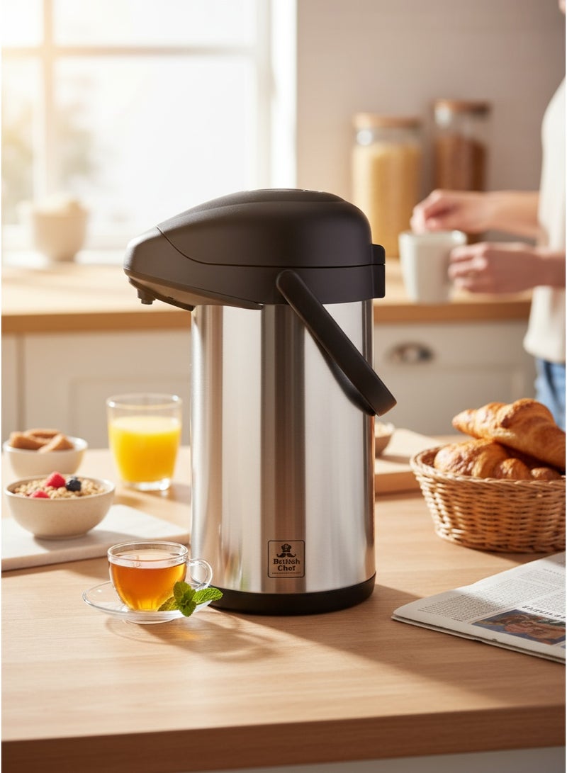 بريتيش شيف قارورة ترمس للهواء الساخن والبارد سعة 5 لتر من بريتيش شيف | جسم متين من الفولاذ المقاوم للصدأ ووعاء داخلي | قاعدة دوران 360 درجة | قفل الأمان | مقاومة للتسرب | أسود وفضي - Image 2