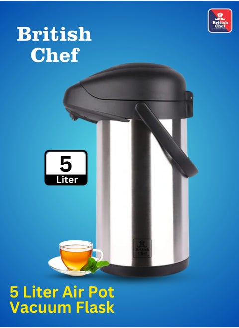 BRITISH CHEF 5L Hot & Cold Airpot Thermos Flask | Durable Stainless Steel body and Inner Pot | 360 Degree rotation Base | Safety Lock | Leak Resistant | Black & Silver