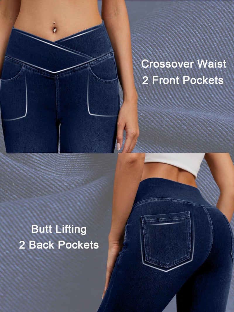 COPYLEAF Stretchy Jeans for Women Trendy Butt Lifting Leggings with Pockets Crossover Waisted Jeggings Pull on Skinny Jeans Dark Wash - Image 5