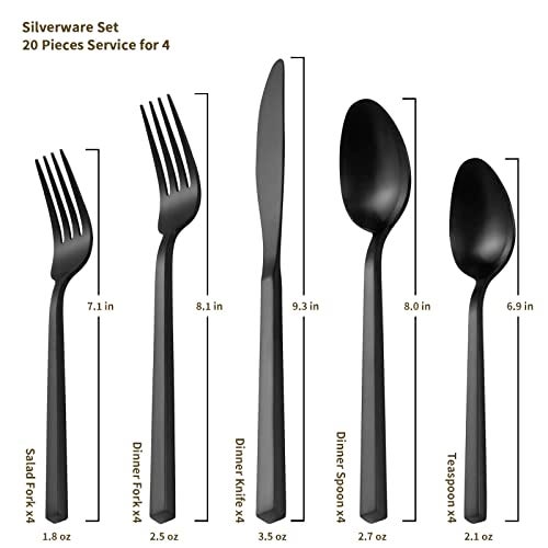 Alata Cube Black 20-Piece Forged Silverware Set Stainless Steel Flatware Set,Service for 4,Matte Satin Polished Cutlery Set,Dishwasher Safe - Image 4