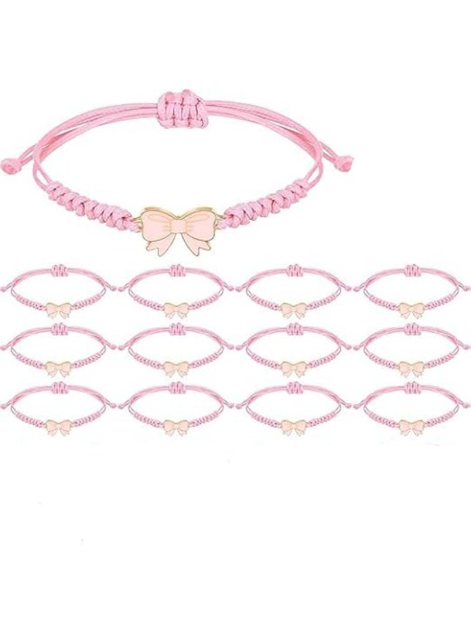 YelaJoy 12 Pack Coquette Bow Braided String Bracelets, Adjustable Pink Nylon Rope Bracelets with Bow Charm, Cheerleader Friendship Bracelets Bulk for Girls, Birthday Party Favors, Team Gifts for Cheer Dance - Image 1