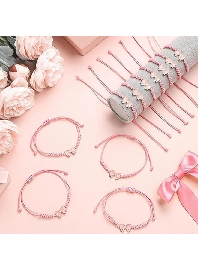 YelaJoy 12 Pack Coquette Bow Braided String Bracelets, Adjustable Pink Nylon Rope Bracelets with Bow Charm, Cheerleader Friendship Bracelets Bulk for Girls, Birthday Party Favors, Team Gifts for Cheer Dance - Image 2