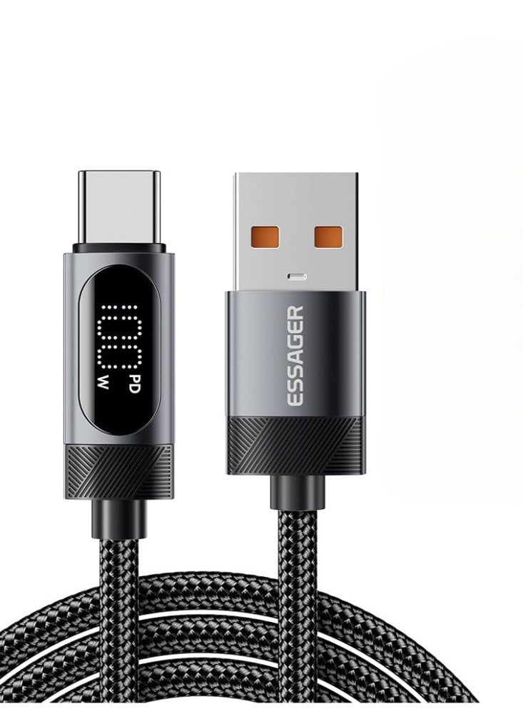 Essager Cable 100W Super Fast Charging USB-A to USB-C Digital display 480Mbps Date Transfer Compatible with Samsung - iPhone-Huawei-HONOR-OPPO-VIVO-OnePlus-Realme - Laptop (Black, 2 Meter) - Image 1