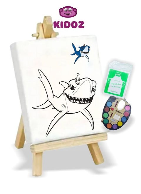 A painting of Baby Shark character, featuring an excellent color set and a one-time use apron, perfect for children's parties.