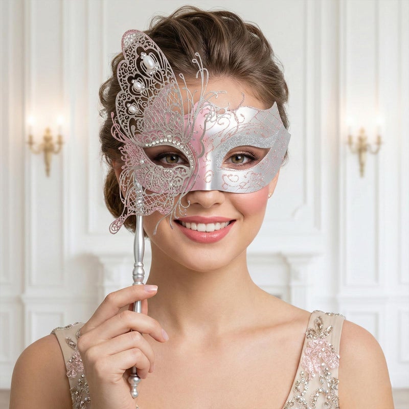 Coddsmz Masquerade Mask With Stick - Mysterious Venetian Butterfly Mask for Women's Halloween Party, Prom Ball - Image 2