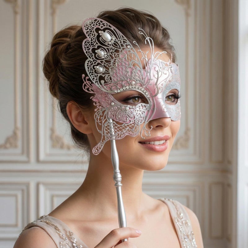 Coddsmz Masquerade Mask With Stick - Mysterious Venetian Butterfly Mask for Women's Halloween Party, Prom Ball - Image 3
