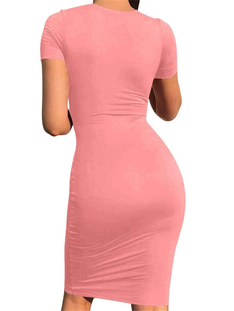 Mokoru Women's Casual Basic Pencil Dress Sexy Long Sleeve Bodycon Midi Club Dress, Small, Short Sleeve Water Pink - Image 3