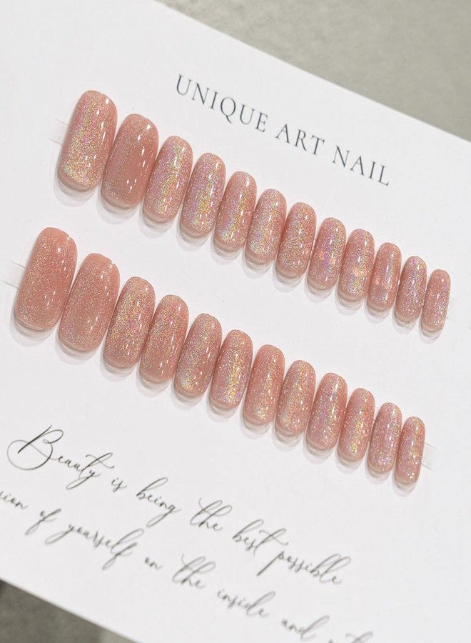 TOGZOM Pink Press on Nails Short Square Fake Nails Shinny Colorful Glitter Design for Cat Eye Acrylic Nails with Glossy Glue Full Cover False Nails Stick on Nails for Women Girls Manicure Kit 24 Pcs - Image 3