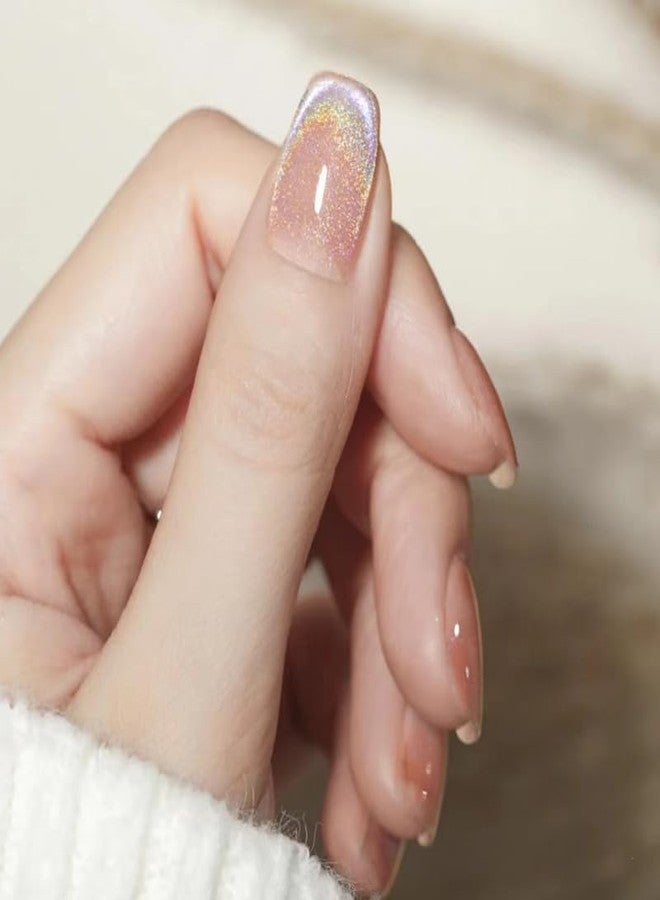 TOGZOM Pink Press on Nails Short Square Fake Nails Shinny Colorful Glitter Design for Cat Eye Acrylic Nails with Glossy Glue Full Cover False Nails Stick on Nails for Women Girls Manicure Kit 24 Pcs - Image 2