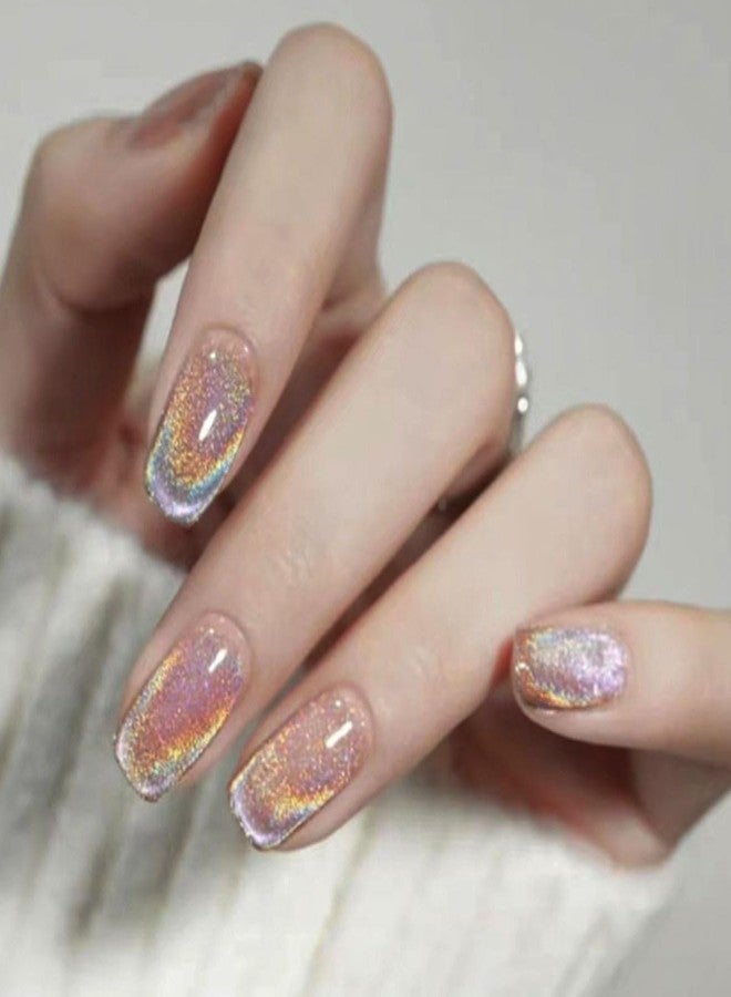 TOGZOM Pink Press on Nails Short Square Fake Nails Shinny Colorful Glitter Design for Cat Eye Acrylic Nails with Glossy Glue Full Cover False Nails Stick on Nails for Women Girls Manicure Kit 24 Pcs - Image 1