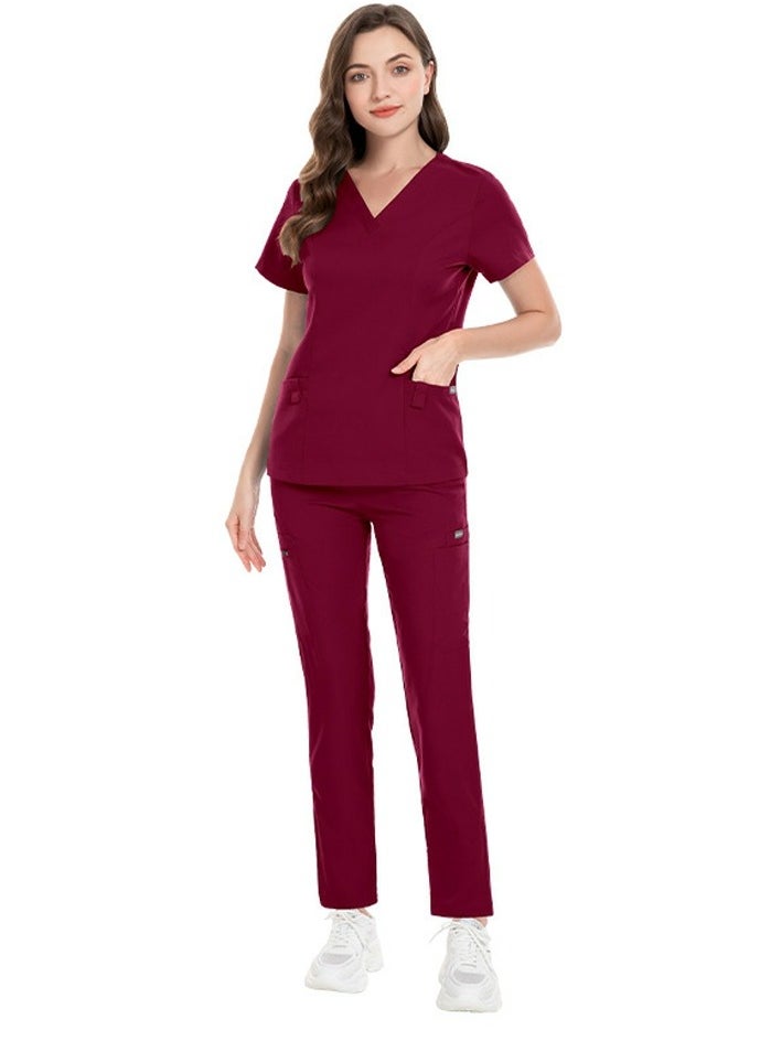 Loquat Unisex Fashion Medical Uniform Scrubs 2 Piece Set V-Neck Top and Pants Suit Wine Red  - Image 1