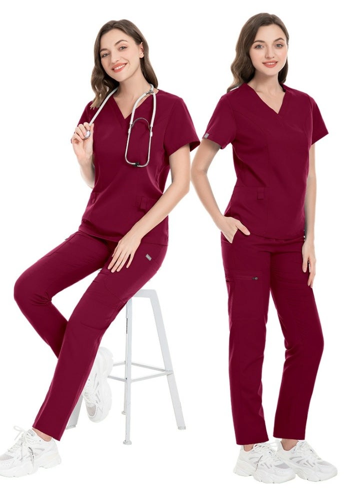 Loquat Unisex Fashion Medical Uniform Scrubs 2 Piece Set V-Neck Top and Pants Suit Wine Red  - Image 2