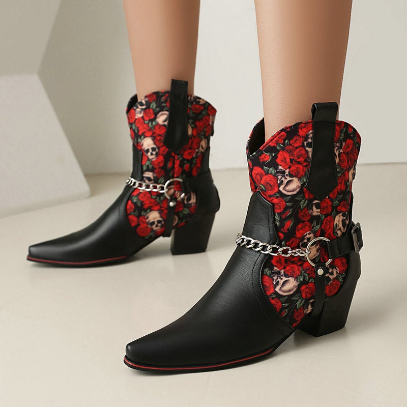 2024 Western Boots Printed Stitching Chain Belt Buckle 40-48 Coarse Heel High Heel Back Zipper And Ankle Boots Short Tube - Image 3