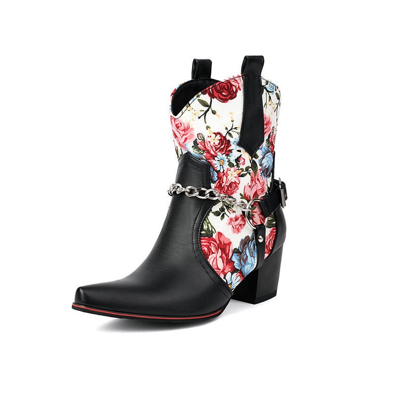 2024 Western Boots Printed Stitching Chain Belt Buckle 40-48 Coarse Heel High Heel Back Zipper And Ankle Boots Short Tube - Image 1