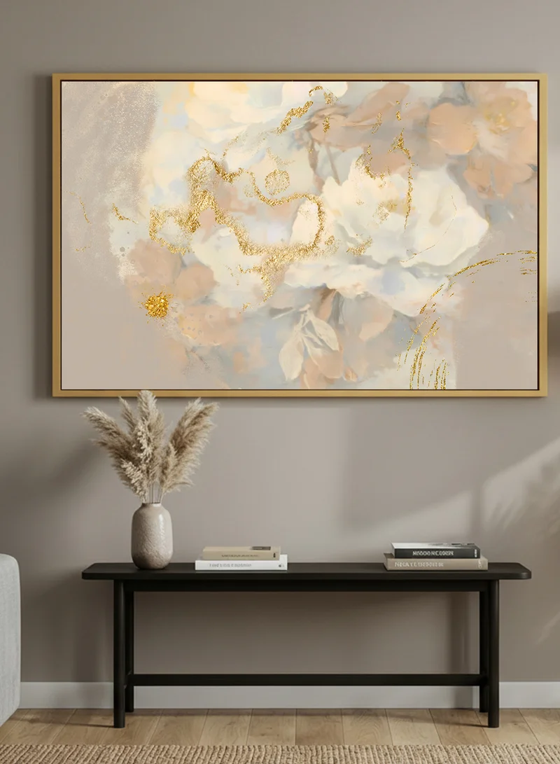 LOWHA Canvas Wall Art Stretched Over Wooden Frame with Gold Floating Frame and Flowers Abstract Design