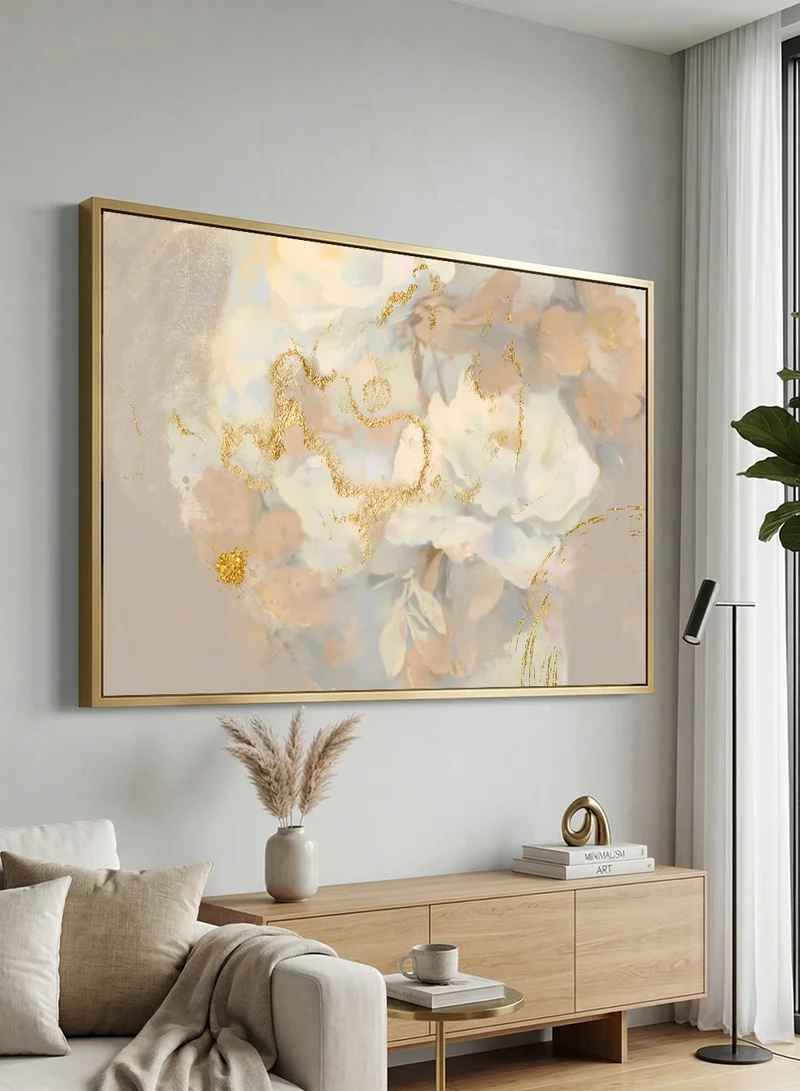 LOWHA Canvas Wall Art Stretched Over Wooden Frame with Gold Floating Frame and Flowers Abstract Design
