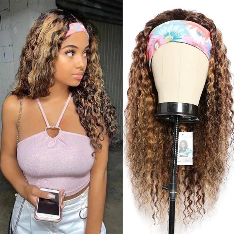 Rebasar Blonde Curly Headband Wig Human Hair Colored Highlight Deep Wave 26 Inch Headband Wigs for Black Women Brazilian Virgin Human Hair Glueless Wear and Go Ombre No Lace Front Wig 427 Brown