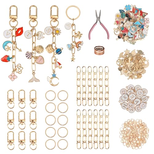 Starry 223Pcs Keychain Making Kit Bag Charm Kit 86 Charms 10 Keychain Clips with Key Ring Jewelry Plier,15 Extender Chain Swivel Snap Hooks Gold Charms 100 Jump Ring DIY Craft Supplies - Image 1