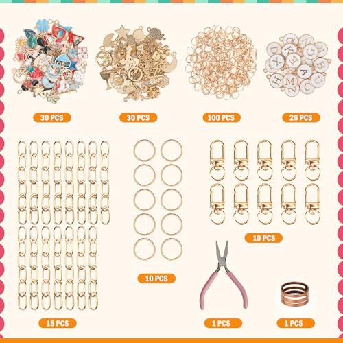 Starry 223Pcs Keychain Making Kit Bag Charm Kit 86 Charms 10 Keychain Clips with Key Ring Jewelry Plier,15 Extender Chain Swivel Snap Hooks Gold Charms 100 Jump Ring DIY Craft Supplies - Image 2