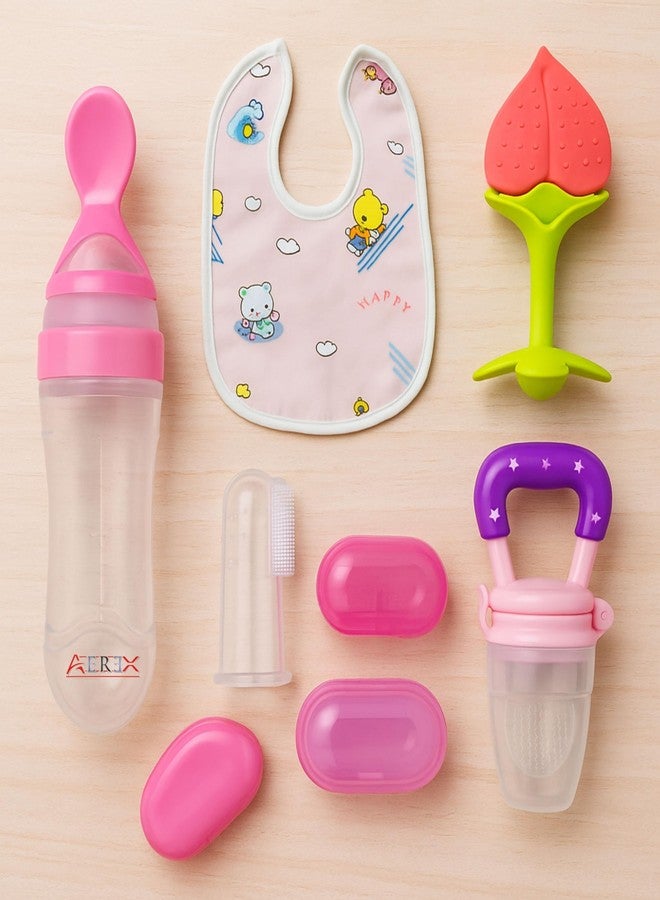 AEREX Baby Spoon Feeding Bottle, Fruit Nibbler, Silicone Finger Brush, Fruit Teether & Baby Bib Combo Feeding Bottle for Babies, Infants & Toddlers Feeding Combo (Pink) - Image 1