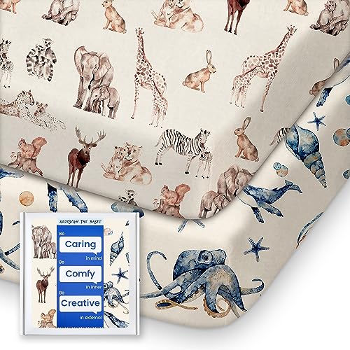 TOTBASIC Graco Pack and Play Fitted Sheets - 2 Pack Mini Crib Sheets, Hypoallergenic and Soothing, Premium Jersey Fabric, Safari Sea Animals Pattern - Image 1