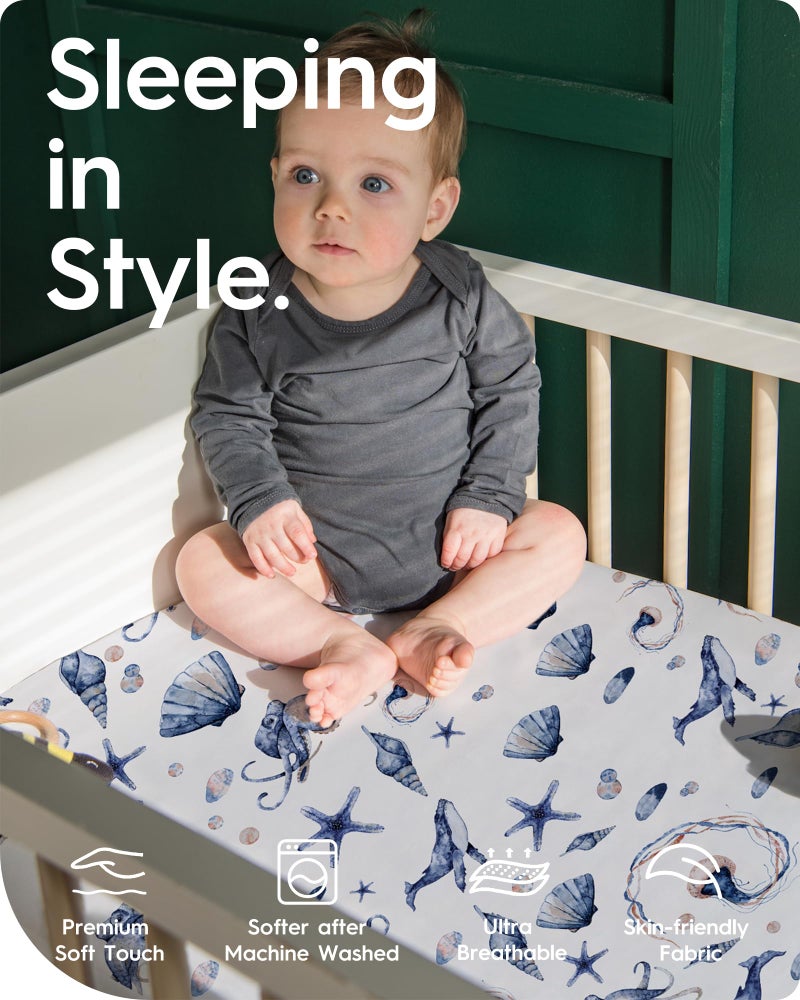 TOTBASIC Graco Pack and Play Fitted Sheets - 2 Pack Mini Crib Sheets, Hypoallergenic and Soothing, Premium Jersey Fabric, Safari Sea Animals Pattern - Image 2