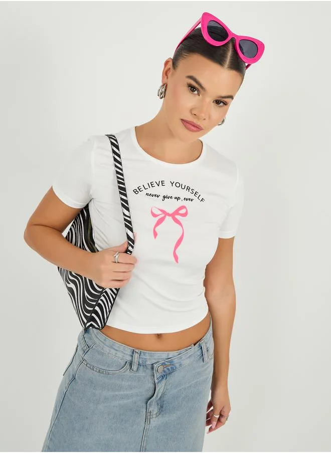 ستايلي Slogan Print Short Sleeve Fitted Crop T-Shirt