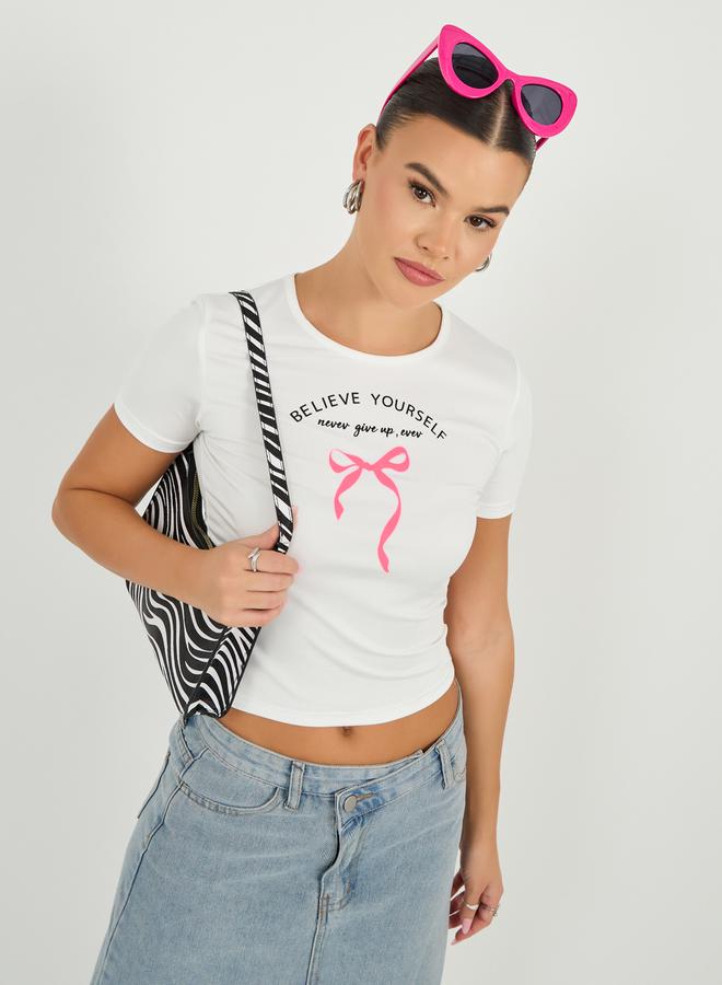 Styli Slogan Print Short Sleeve Fitted Crop T-Shirt  - Image 2