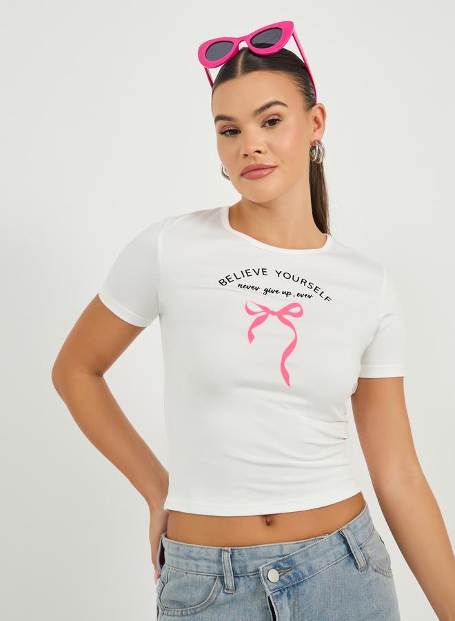 Styli Slogan Print Short Sleeve Fitted Crop T-Shirt  - Image 3