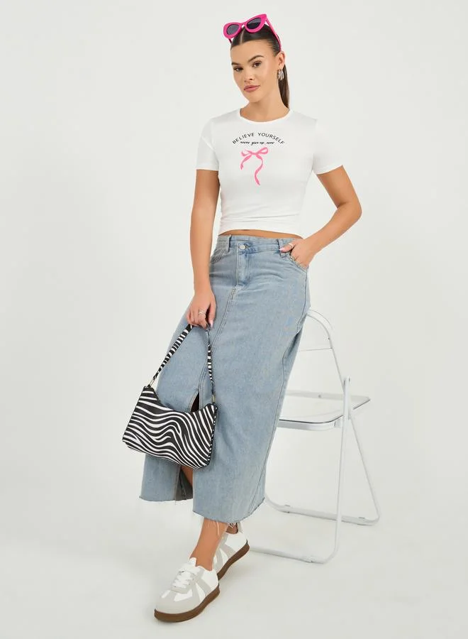 Styli Slogan Print Short Sleeve Fitted Crop T-Shirt