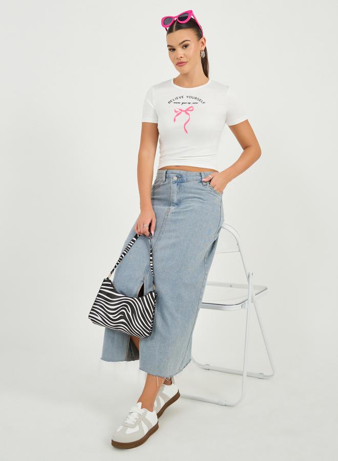 Styli Slogan Print Short Sleeve Fitted Crop T-Shirt - Image 2