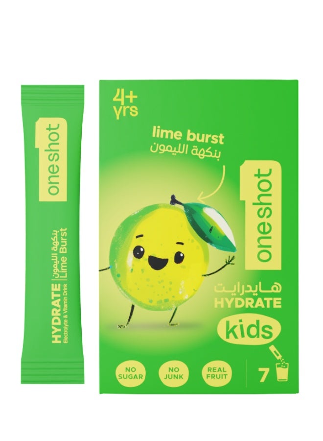 Oneshot Kids Lime Burst, Daily Hydration, Sugar Free Electrolyte Powder Drink Mix with Vitamins and Zinc, No Aftertaste, Lime Lemon Flavor, 7 Sachets - Image 1