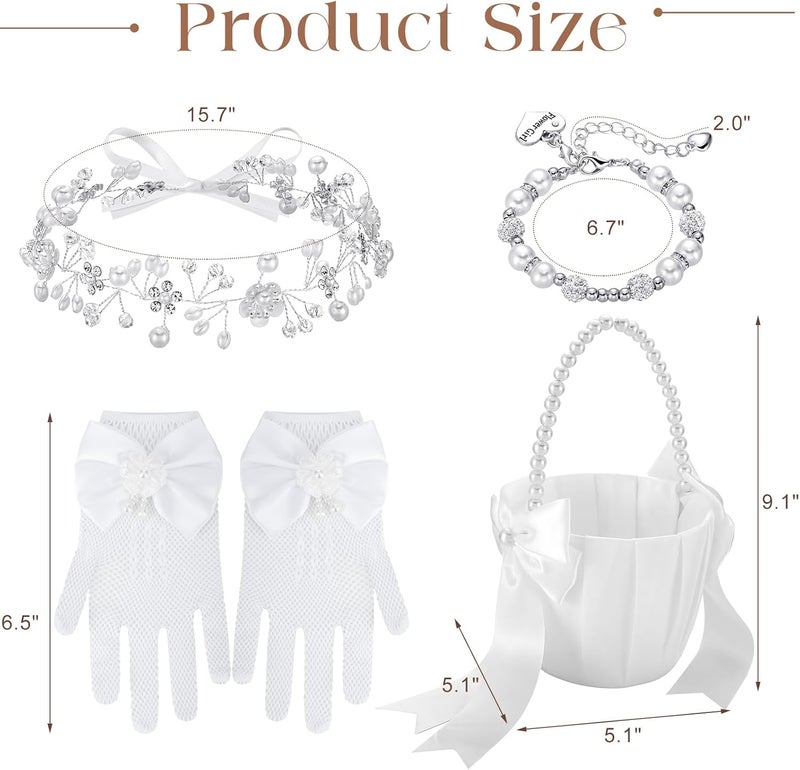 Riceshoot Store 4 Pack Flower Girl Baskets Set Flower Girl Jewelry Wedding Accessories Headband Bracelet Baskets Gloves (Classic) - Image 3