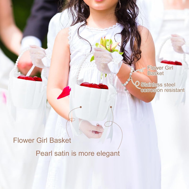 Riceshoot Store 4 Pack Flower Girl Baskets Set Flower Girl Jewelry Wedding Accessories Headband Bracelet Baskets Gloves (Classic) - Image 5