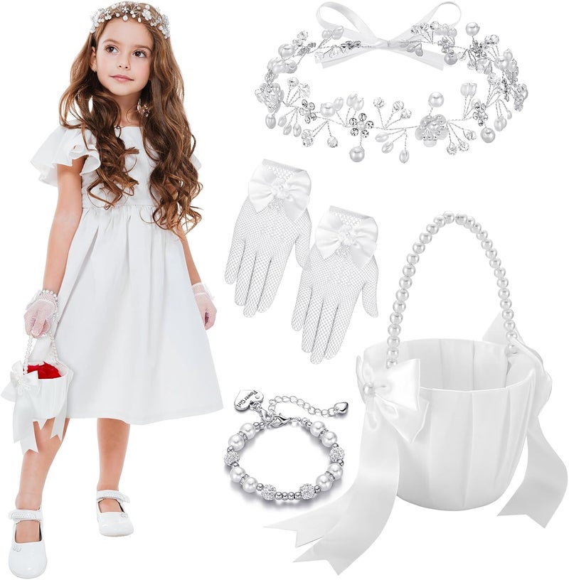 Riceshoot Store 4 Pack Flower Girl Baskets Set Flower Girl Jewelry Wedding Accessories Headband Bracelet Baskets Gloves (Classic) - Image 1