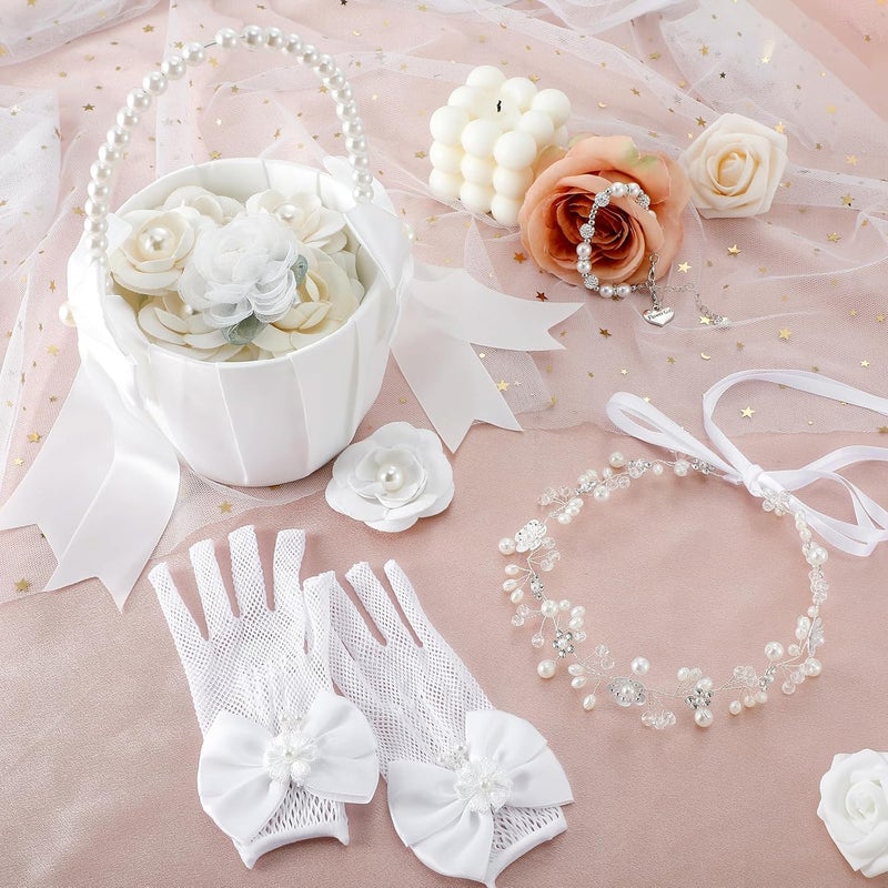 Riceshoot Store 4 Pack Flower Girl Baskets Set Flower Girl Jewelry Wedding Accessories Headband Bracelet Baskets Gloves (Classic) - Image 4