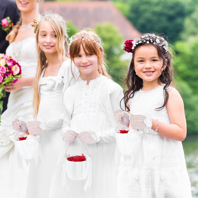 Riceshoot Store 4 Pack Flower Girl Baskets Set Flower Girl Jewelry Wedding Accessories Headband Bracelet Baskets Gloves (Classic) - Image 2