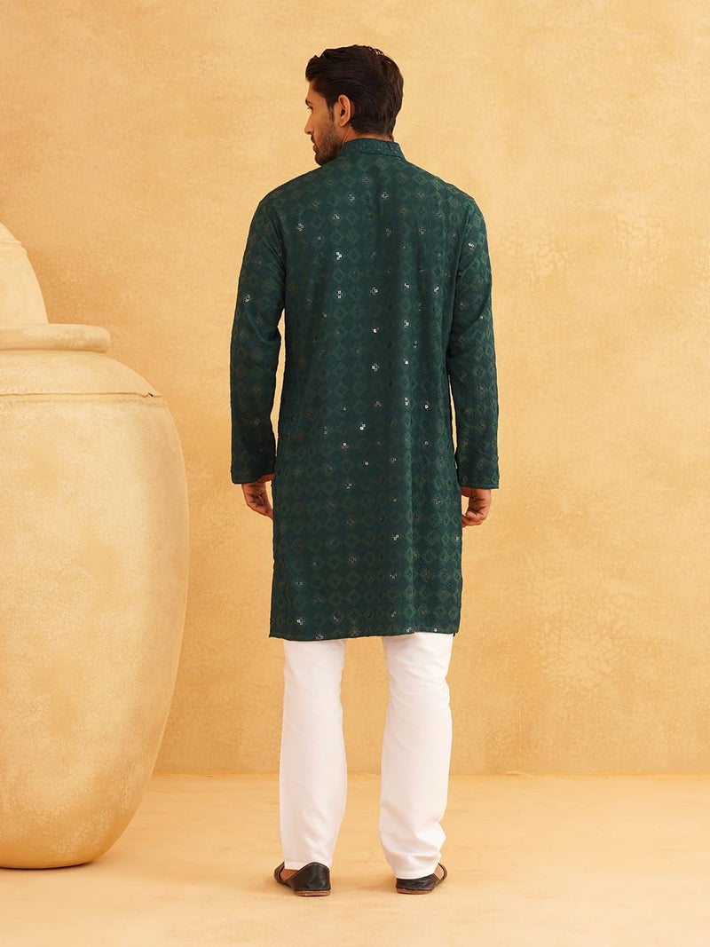 SOJANYA (Since 1958 Men's Cotton Embroidered Sequinned Green Long Kurta Size 44 - Image 4