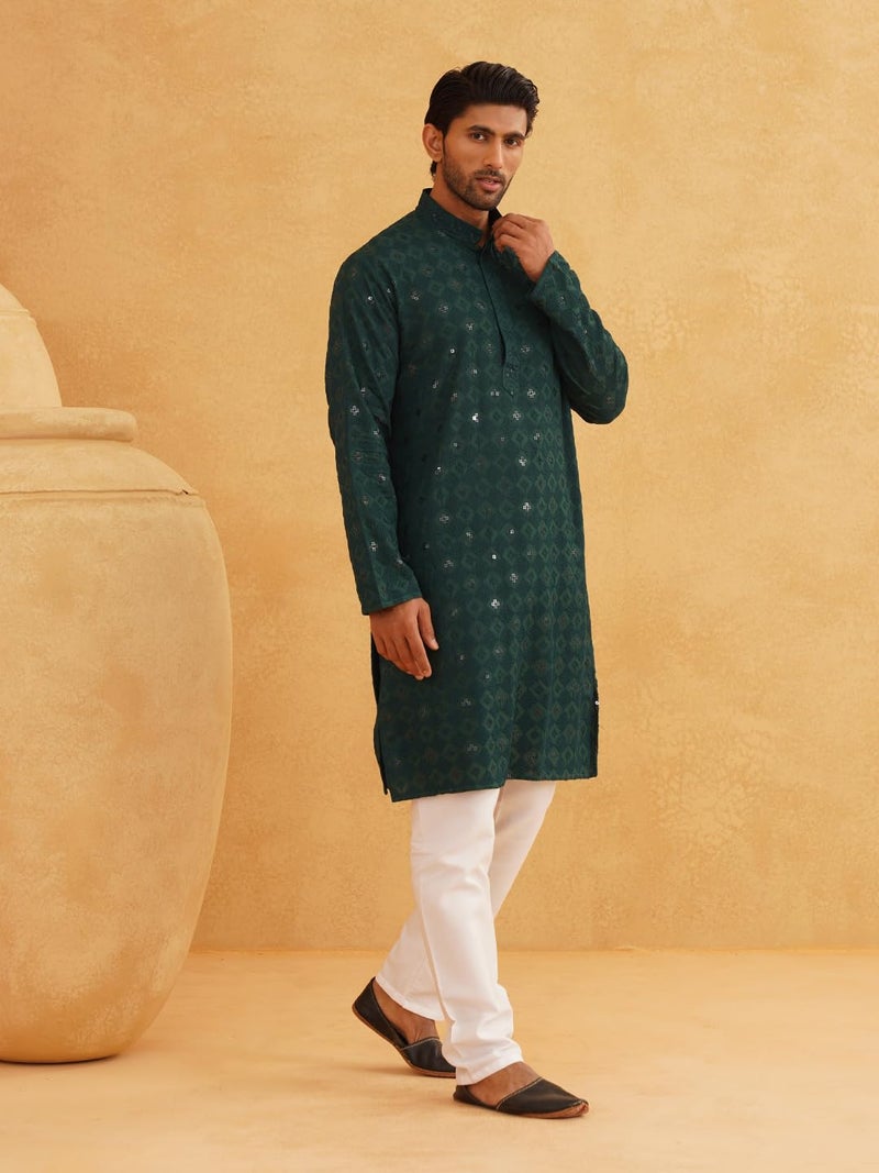 SOJANYA (Since 1958 Men's Cotton Embroidered Sequinned Green Long Kurta Size 44 - Image 3