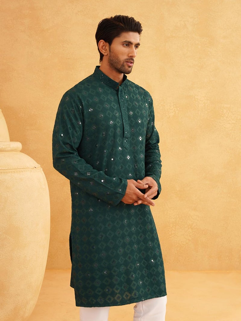 SOJANYA (Since 1958 Men's Cotton Embroidered Sequinned Green Long Kurta Size 44 - Image 2