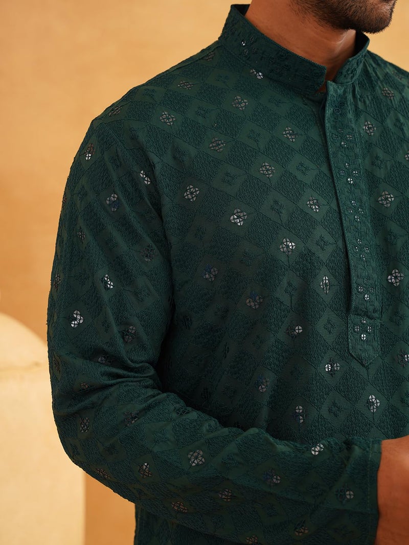 SOJANYA (Since 1958 Men's Cotton Embroidered Sequinned Green Long Kurta Size 44 - Image 5