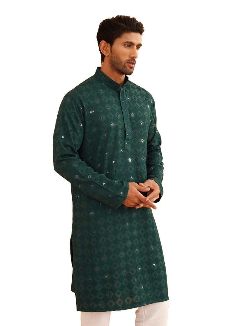 SOJANYA (Since 1958 Men's Cotton Embroidered Sequinned Green Long Kurta Size 44 - Image 1